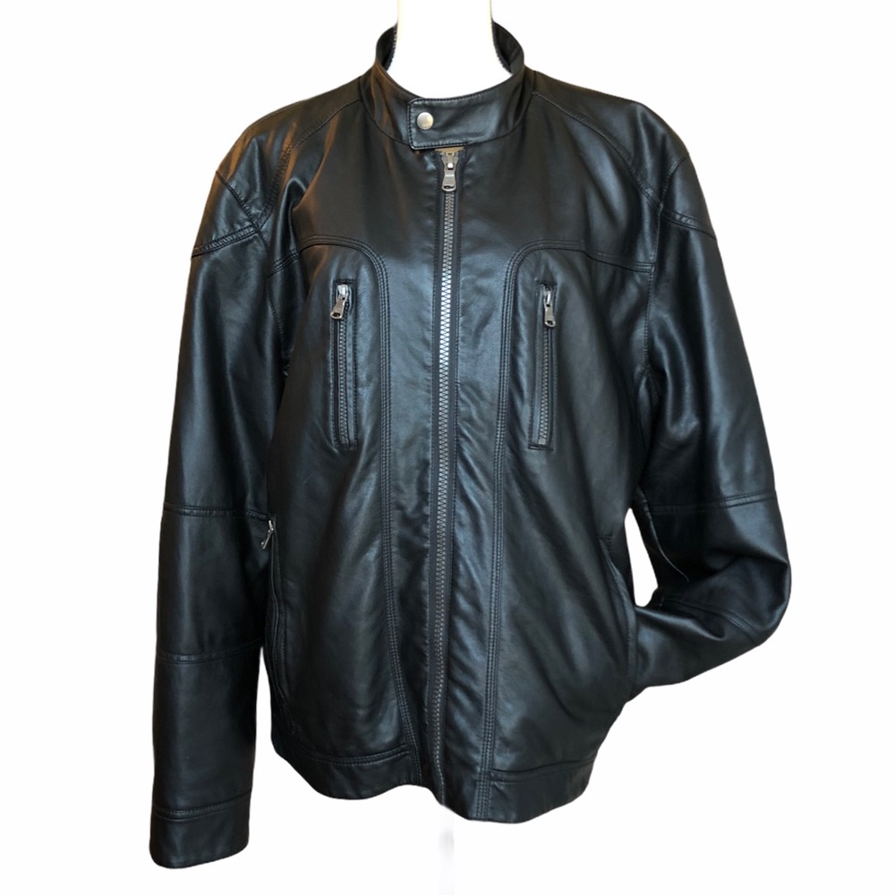 Calvin Klein Leather Moto Bomber Coat ~ Black
